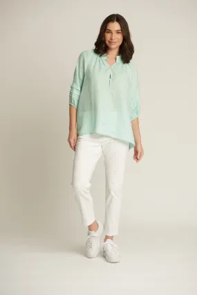 100% Linen 3/4 Pleated Sleeve Shirt Ocean