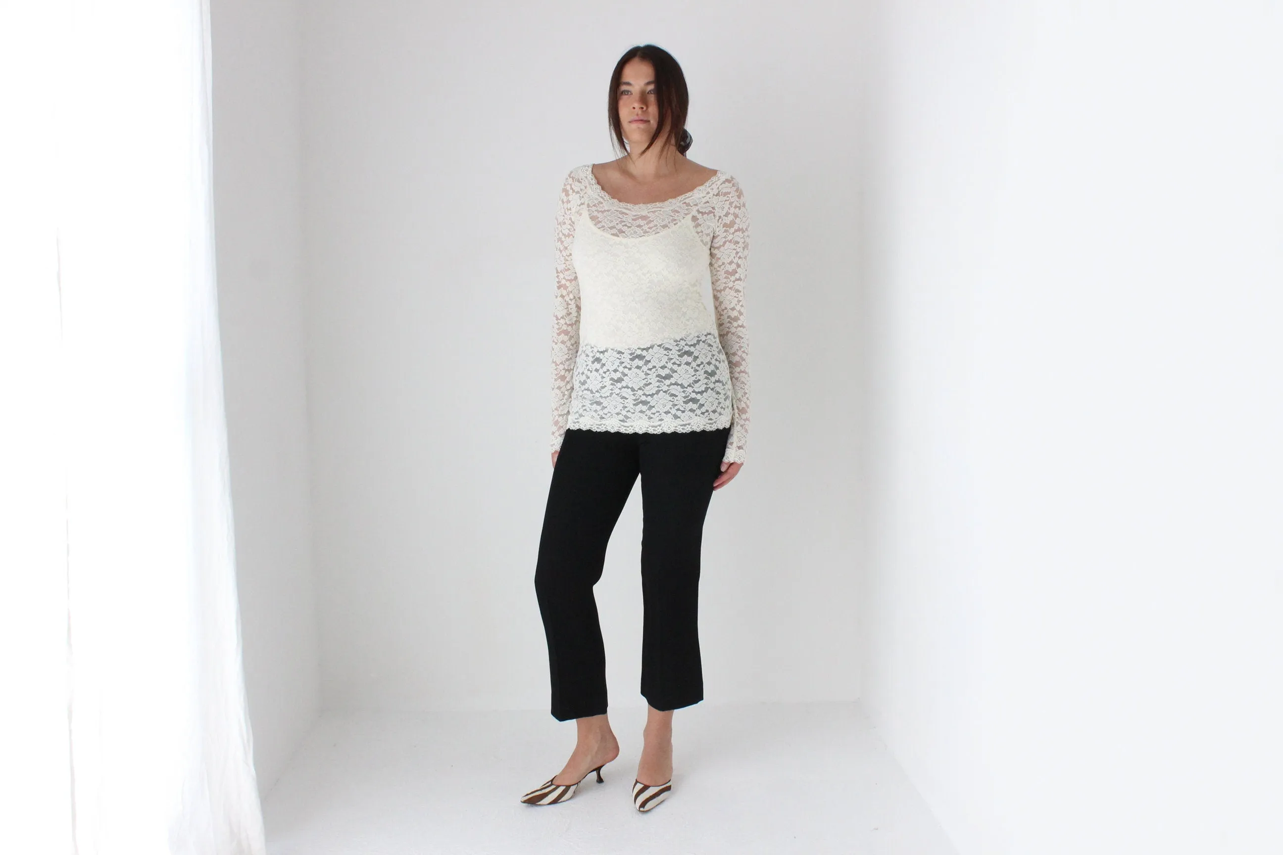 2000s Sheer Cream Lace Scoop Neck Top