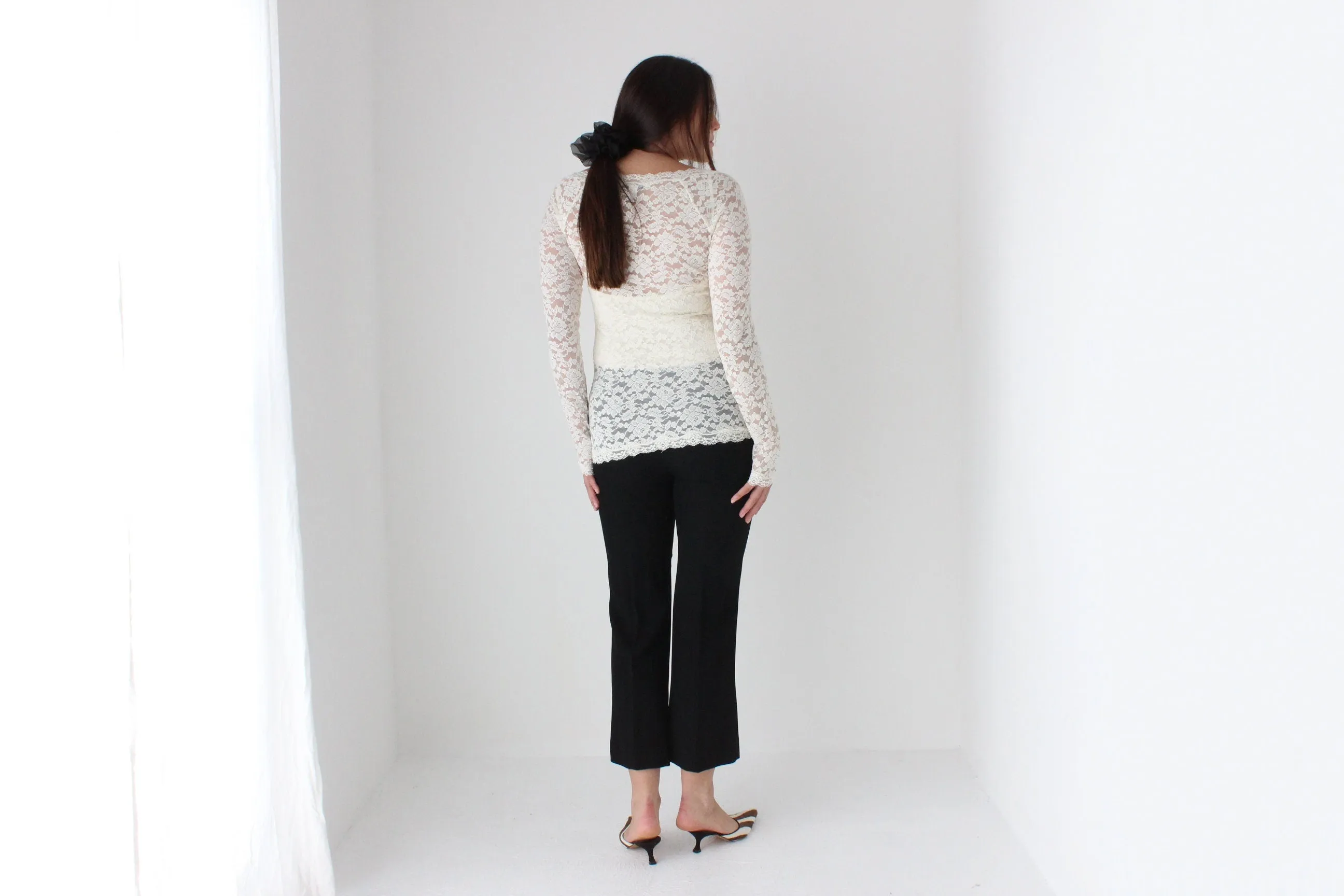 2000s Sheer Cream Lace Scoop Neck Top