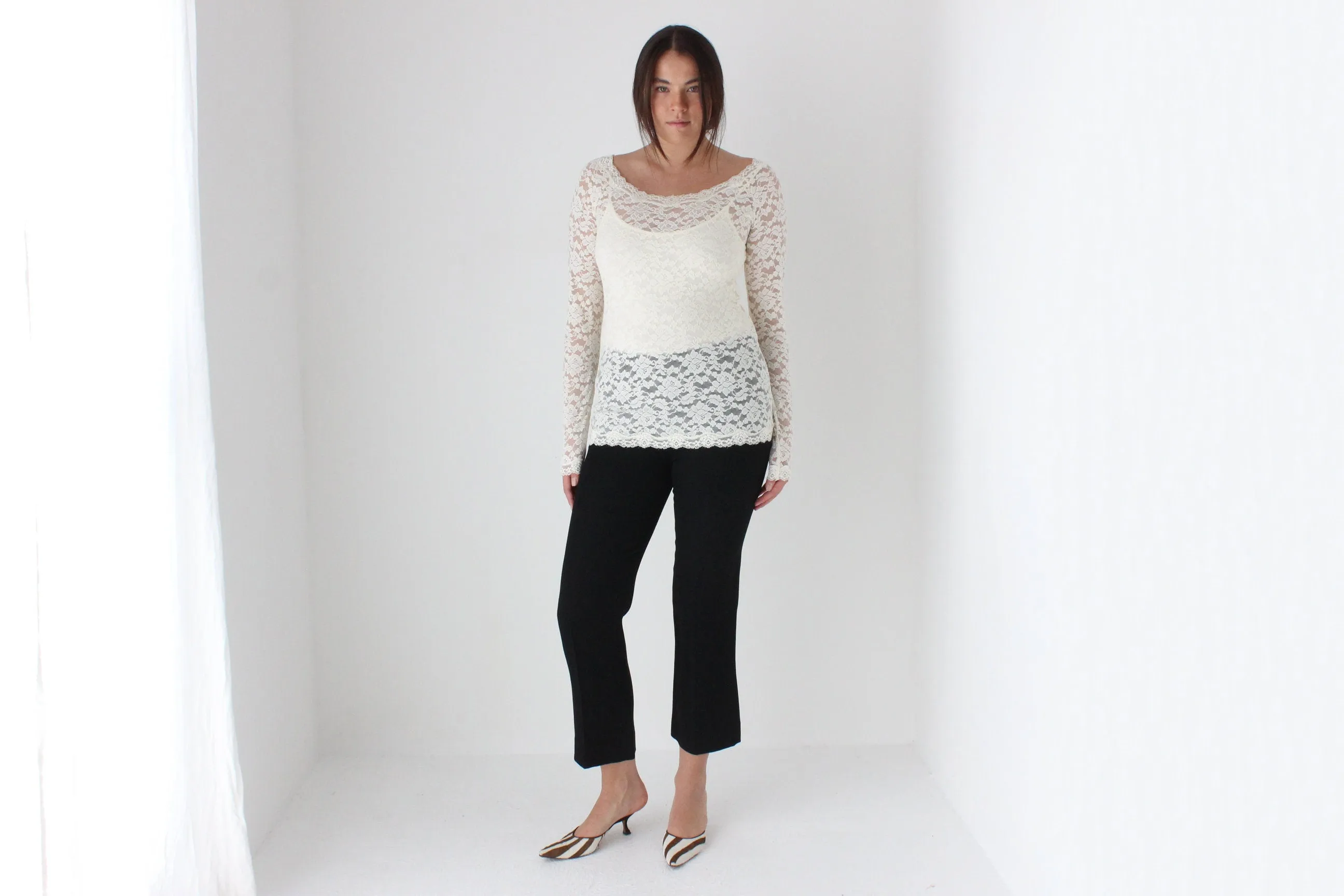 2000s Sheer Cream Lace Scoop Neck Top