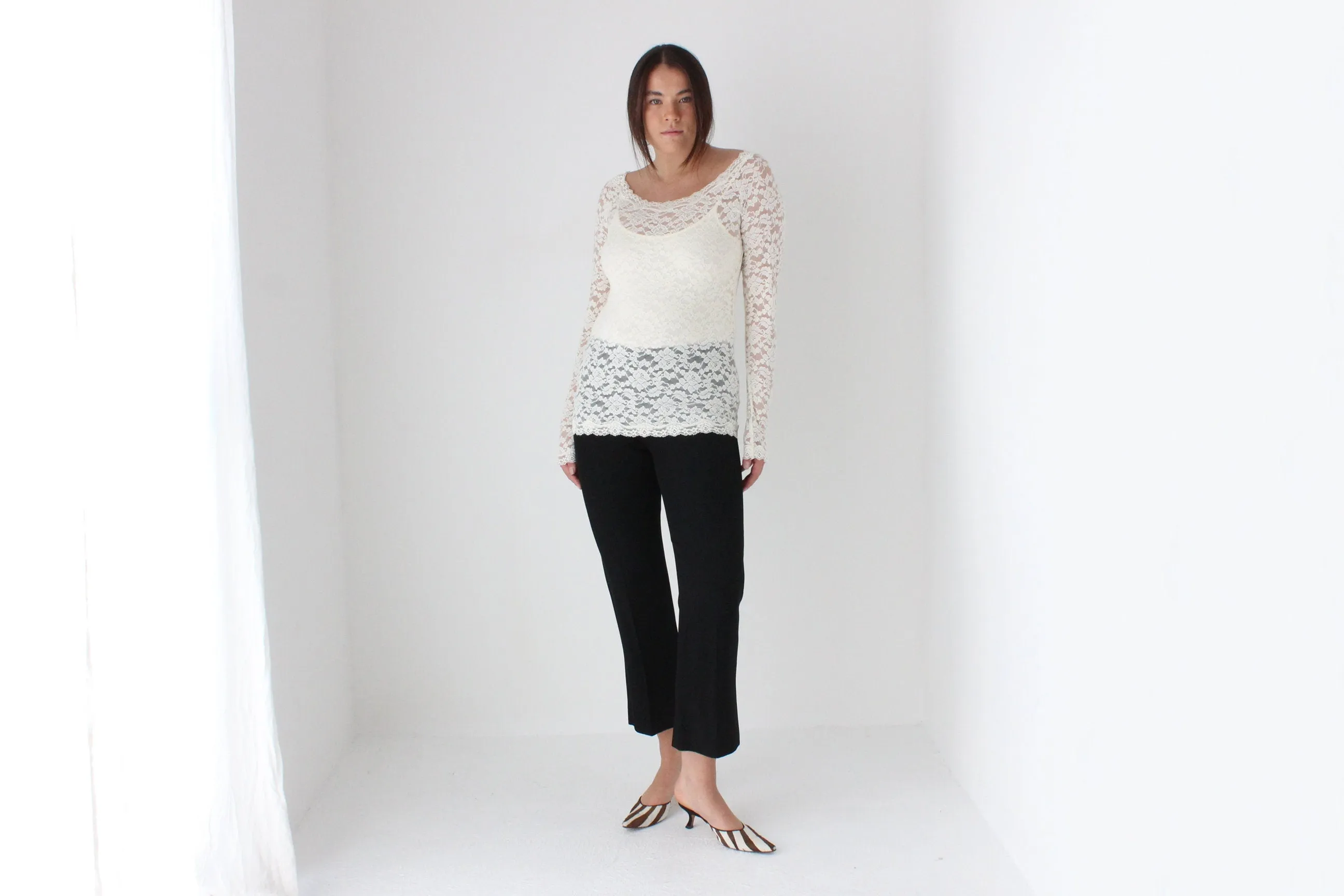 2000s Sheer Cream Lace Scoop Neck Top