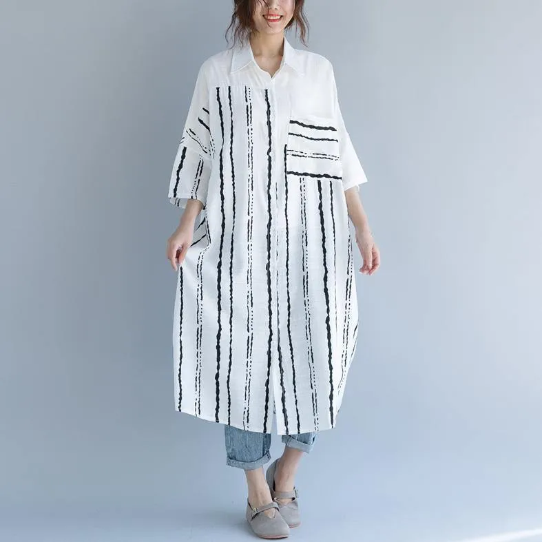 2018 white cotton dress plus size clothing dresses women bracelet sleeved patchwork Turn-down Collar striped cotton dresses
