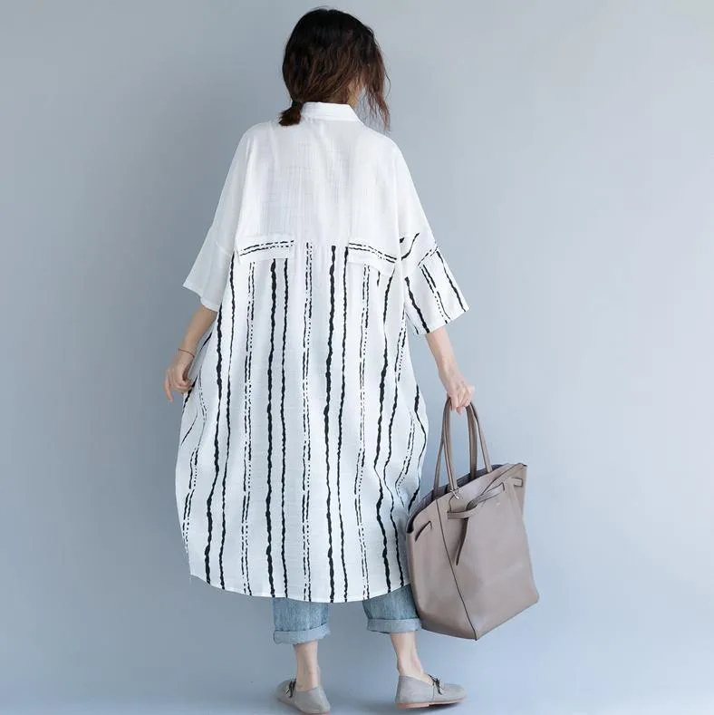 2018 white cotton dress plus size clothing dresses women bracelet sleeved patchwork Turn-down Collar striped cotton dresses