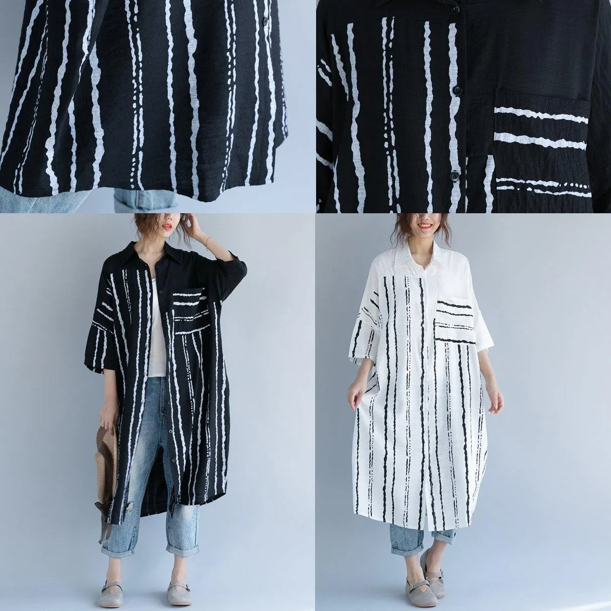 2018 white cotton dress plus size clothing dresses women bracelet sleeved patchwork Turn-down Collar striped cotton dresses