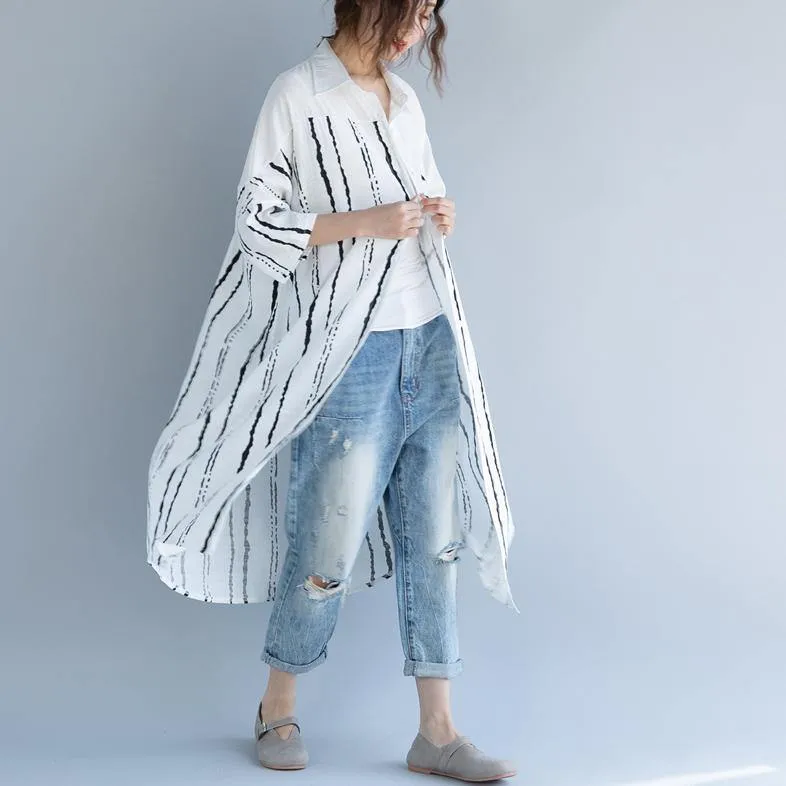 2018 white cotton dress plus size clothing dresses women bracelet sleeved patchwork Turn-down Collar striped cotton dresses