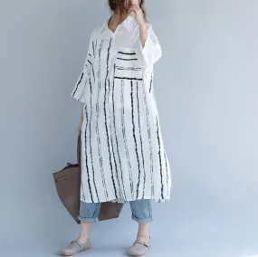 2018 white cotton dress plus size clothing dresses women bracelet sleeved patchwork Turn-down Collar striped cotton dresses