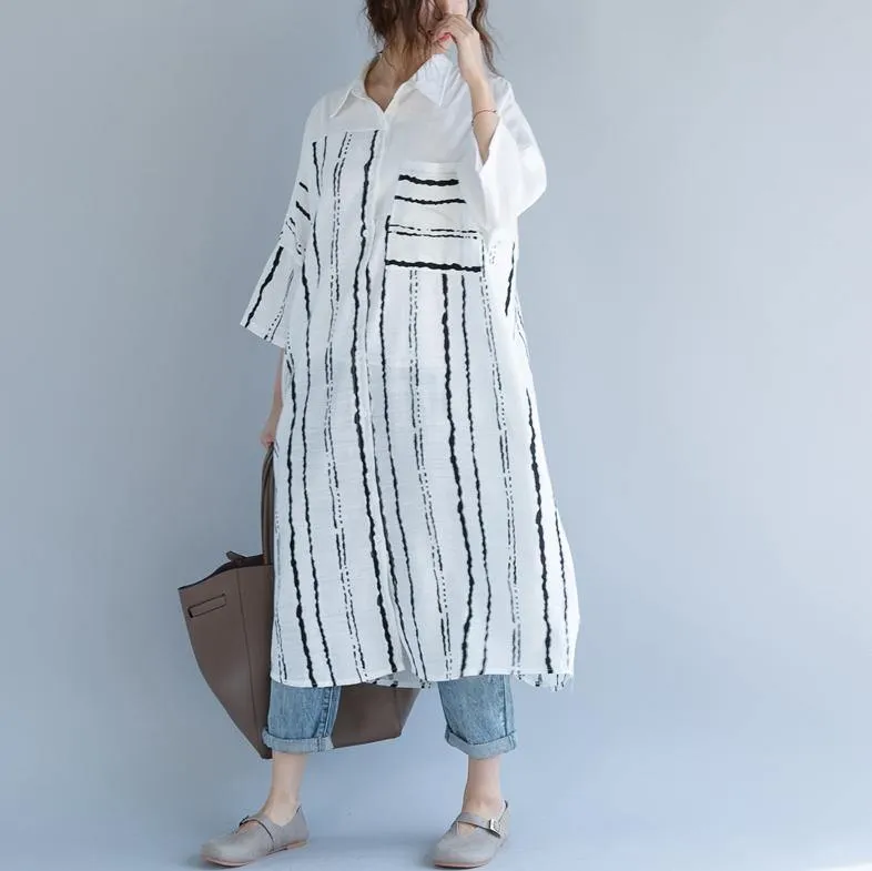 2018 white cotton dress plus size clothing dresses women bracelet sleeved patchwork Turn-down Collar striped cotton dresses