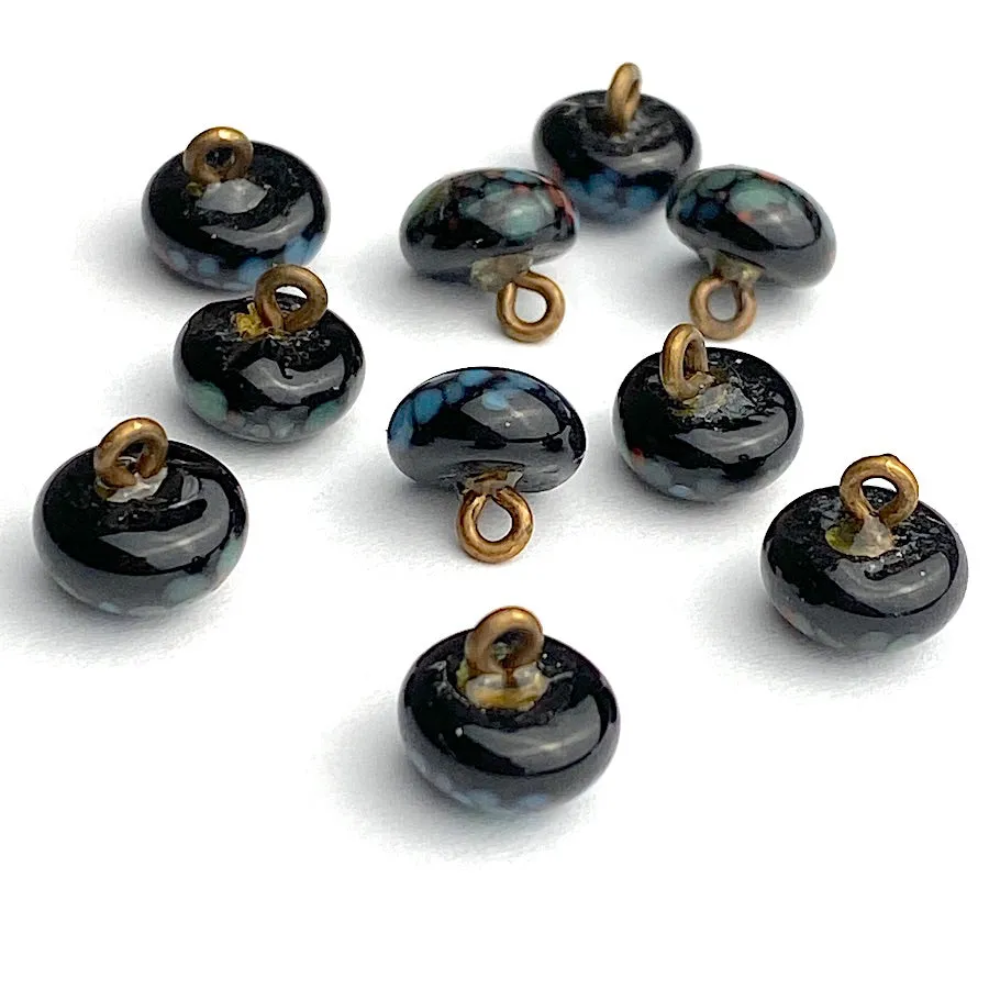 Almost Gone, Black/Blue/Soft Teal Spots Tiny Vintage Glass Buttons, 5/16" Japan #GL 308