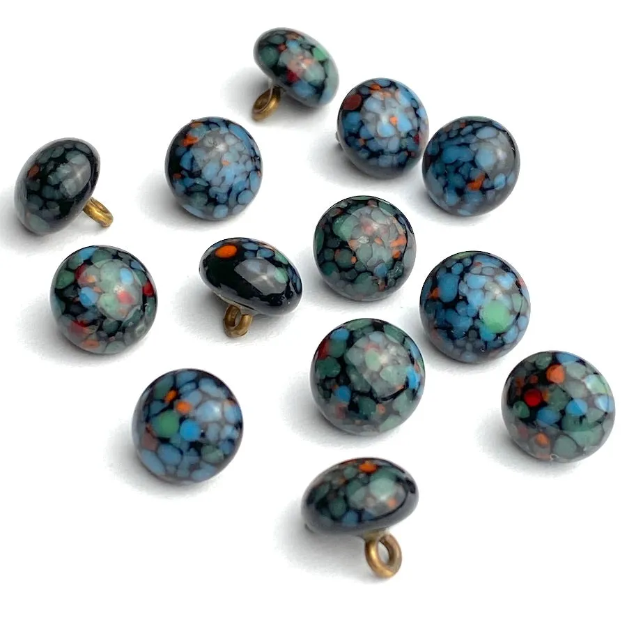 Almost Gone, Black/Blue/Soft Teal Spots Tiny Vintage Glass Buttons, 5/16" Japan #GL 308