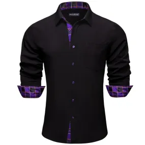 Barry Wang Black Shirt with Purple Splicing  Plaid Long Sleeve Silk Shirt