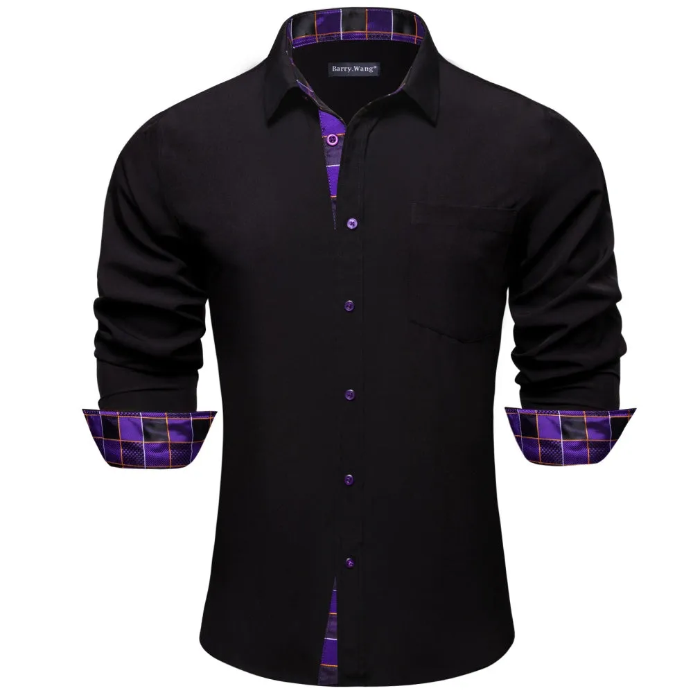 Barry Wang Black Shirt with Purple Splicing  Plaid Long Sleeve Silk Shirt