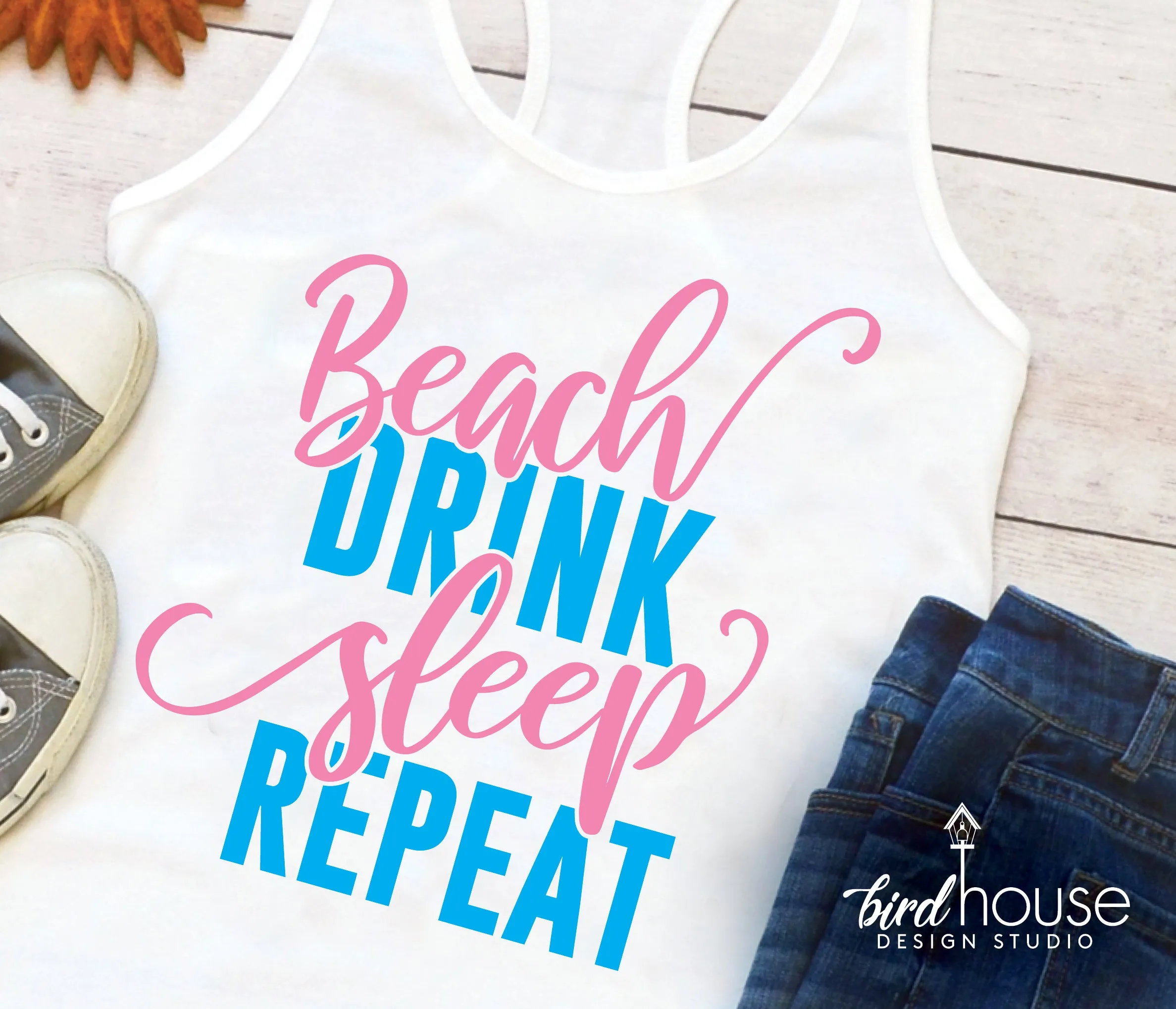 Beach Drink Sleep Repeat Shirt, Cute Tank or T-Shirt for Vacation, Any Color or Style