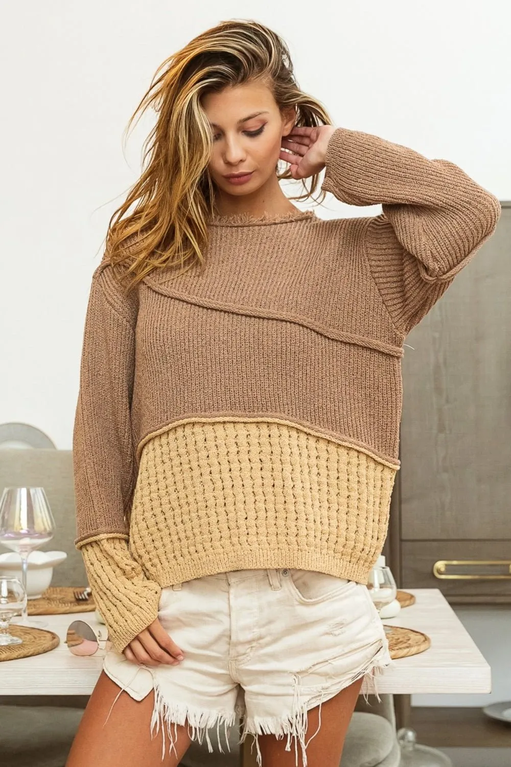 BiBi™ | Texture Contrast Drop Shoulder Sweater