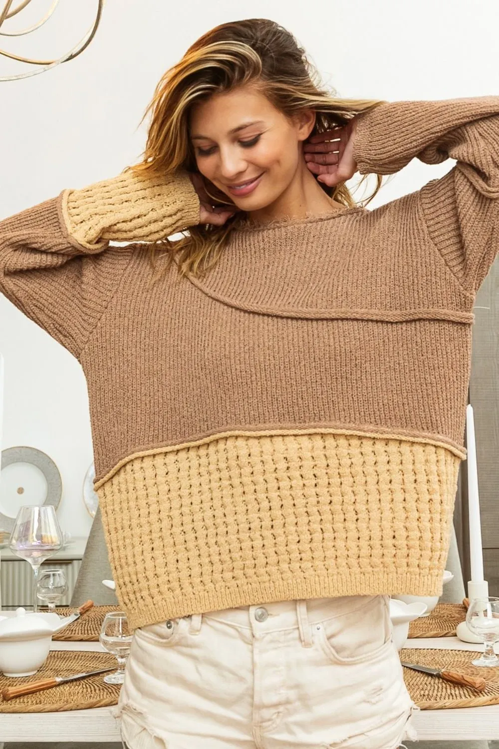 BiBi™ | Texture Contrast Drop Shoulder Sweater