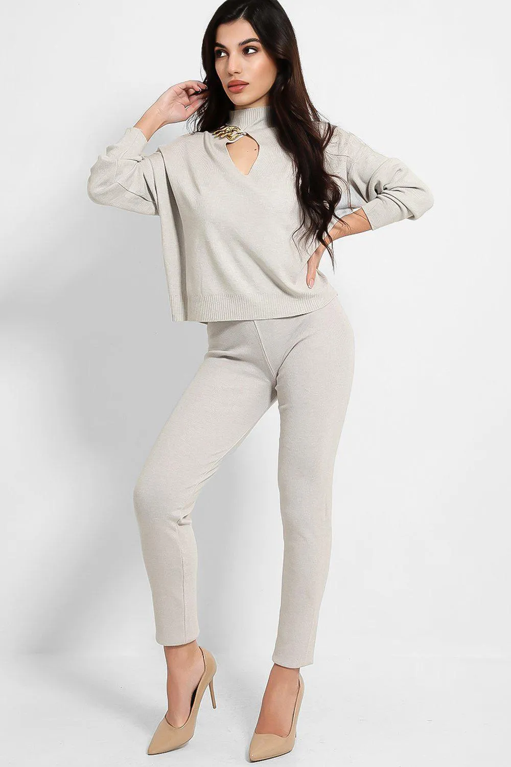 CHAIN CUT OUT JUMPER & LEGGINGS KNIT GREY LOUNGE SET