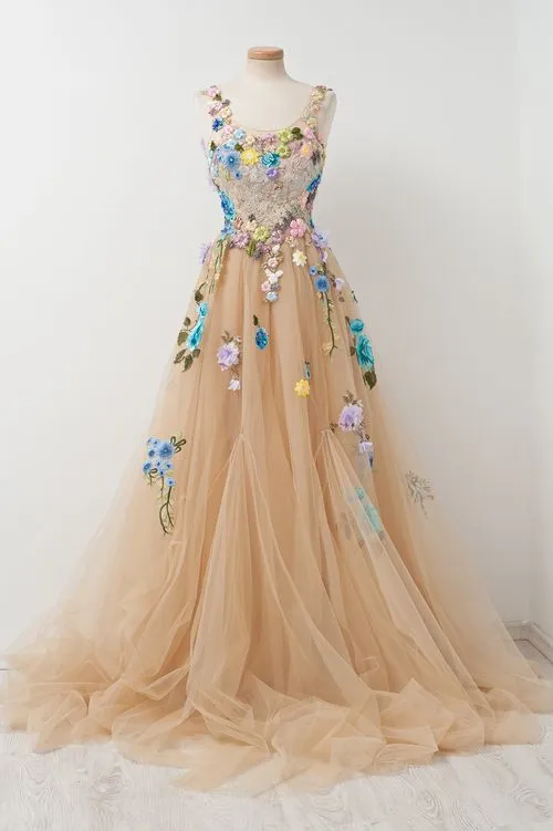 Champagne A-line Sleeveless Tulle Prom Gown With Embroidery,sleeveless Prom Gown With Hand-made Flowers,prom Dress,evening Gown For Teens        fg3824