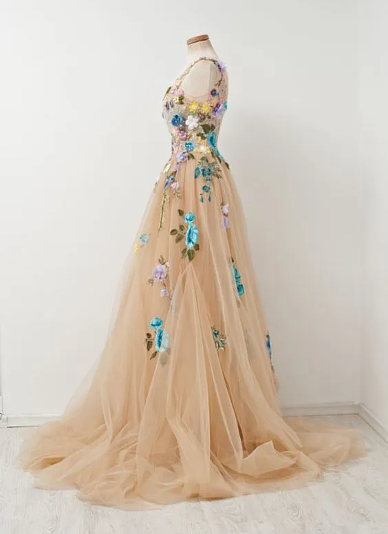 Champagne A-line Sleeveless Tulle Prom Gown With Embroidery,sleeveless Prom Gown With Hand-made Flowers,prom Dress,evening Gown For Teens        fg3824