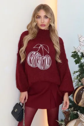 Cherry christmas burgundy embroidered knitted jumper