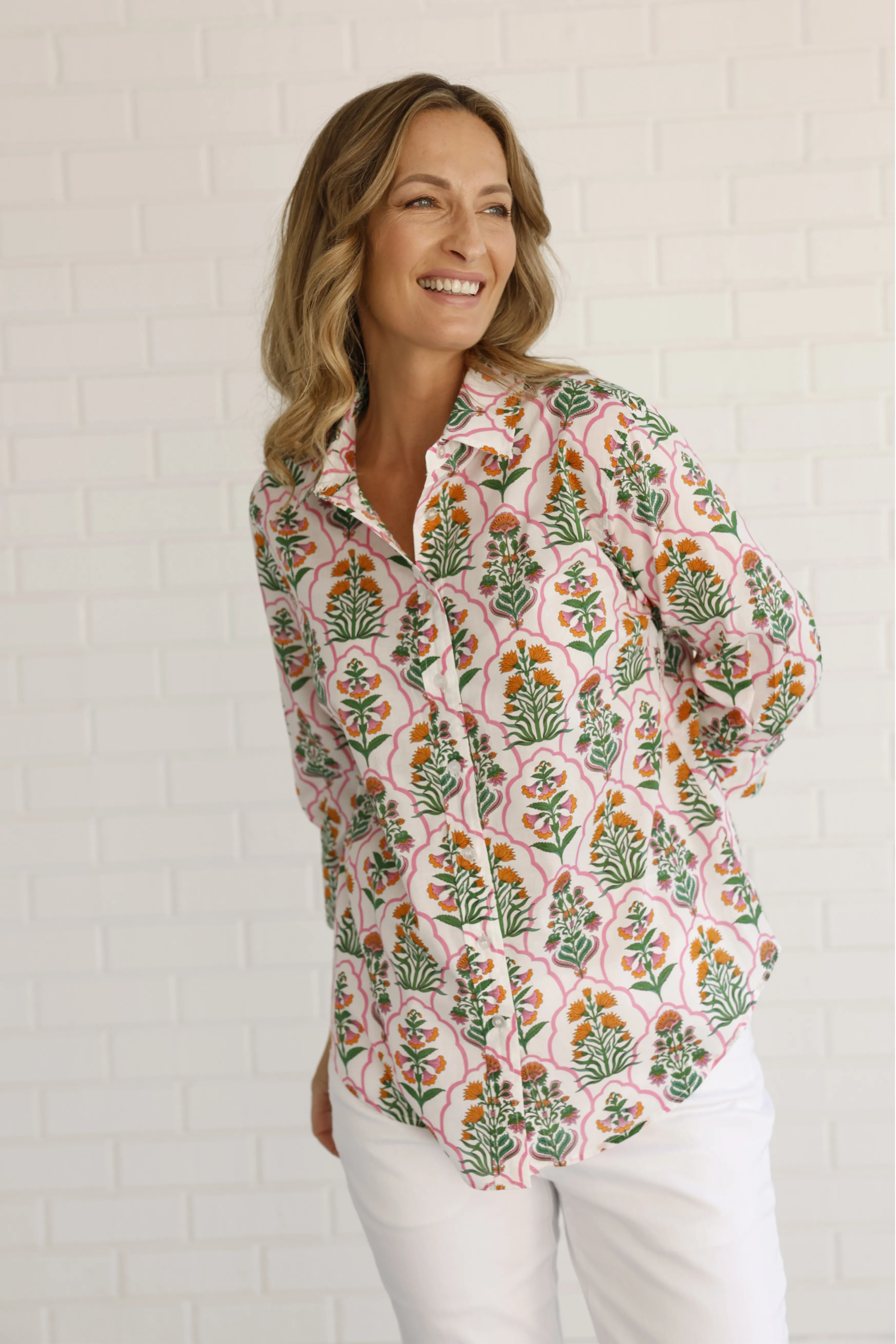Cotton Mosaic Print 3/4 Sleeve Shirt