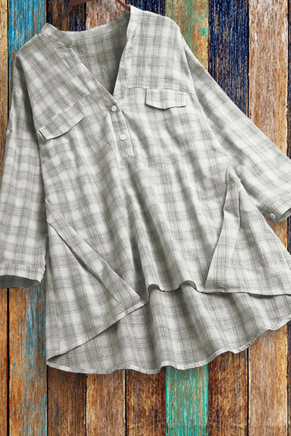Dunnmall Plaid Long Sleeve Casual Irregular Blouse