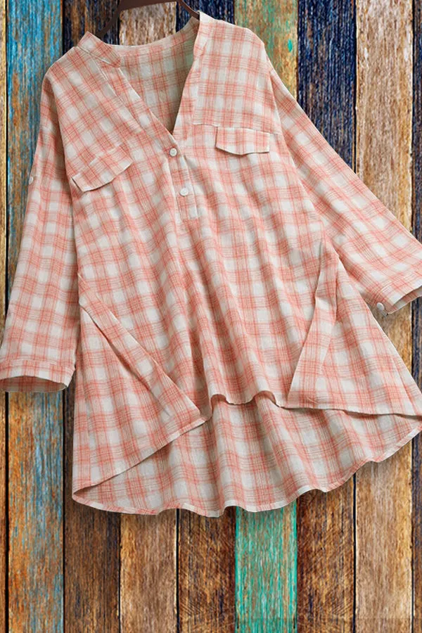 Dunnmall Plaid Long Sleeve Casual Irregular Blouse