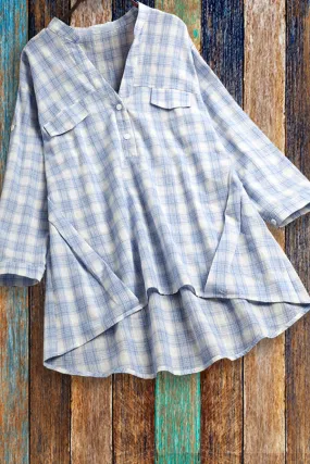 Dunnmall Plaid Long Sleeve Casual Irregular Blouse