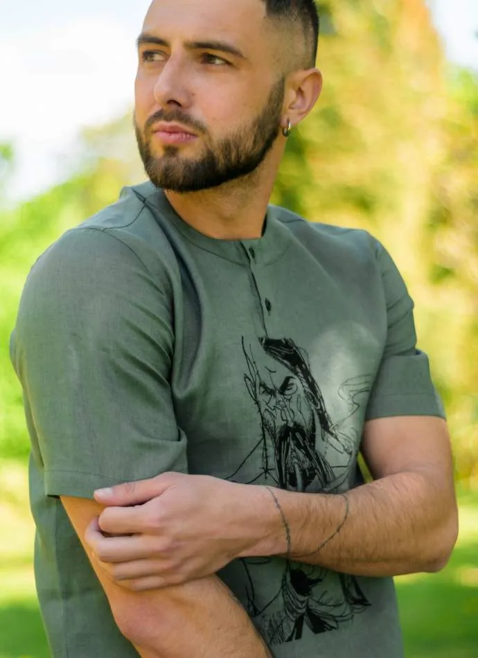 Embroidered men's flax shirt with Cossack design