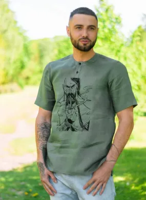 Embroidered men's flax shirt with Cossack design