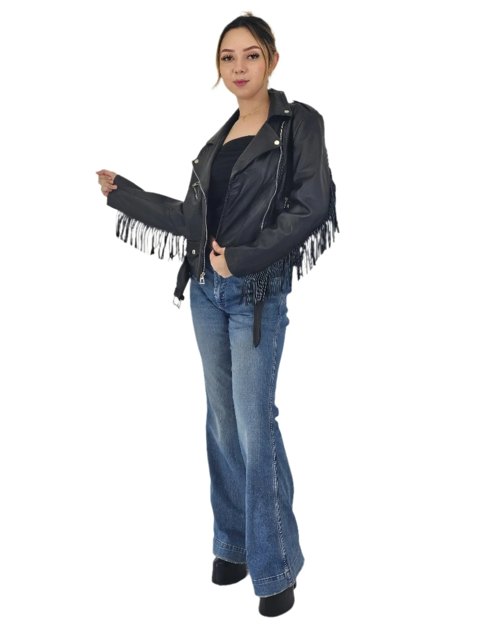 Handcrafted Women's Sheepskin Leather Biker Jacket – Premium Biker Style Black w/Fringes