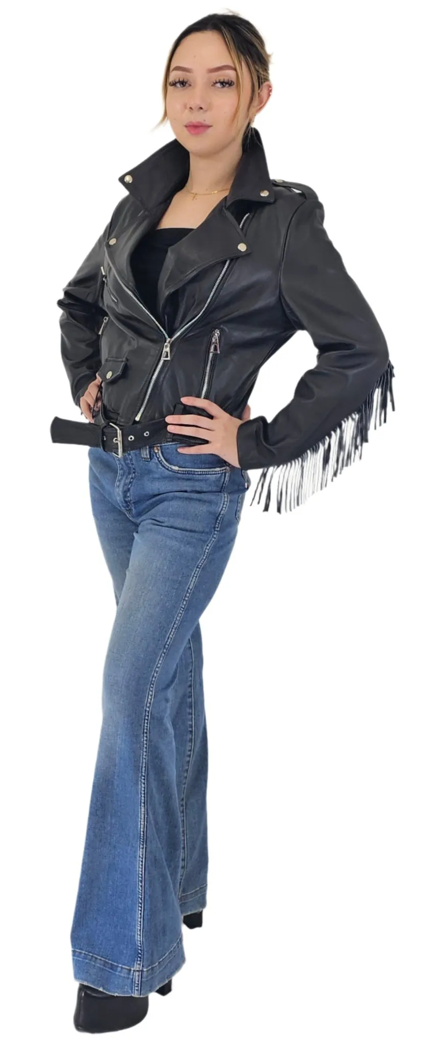 Handcrafted Women's Sheepskin Leather Biker Jacket – Premium Biker Style Black w/Fringes