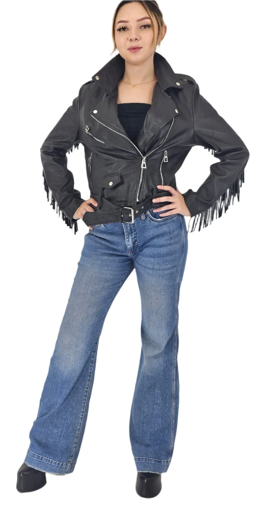 Handcrafted Women's Sheepskin Leather Biker Jacket – Premium Biker Style Black w/Fringes