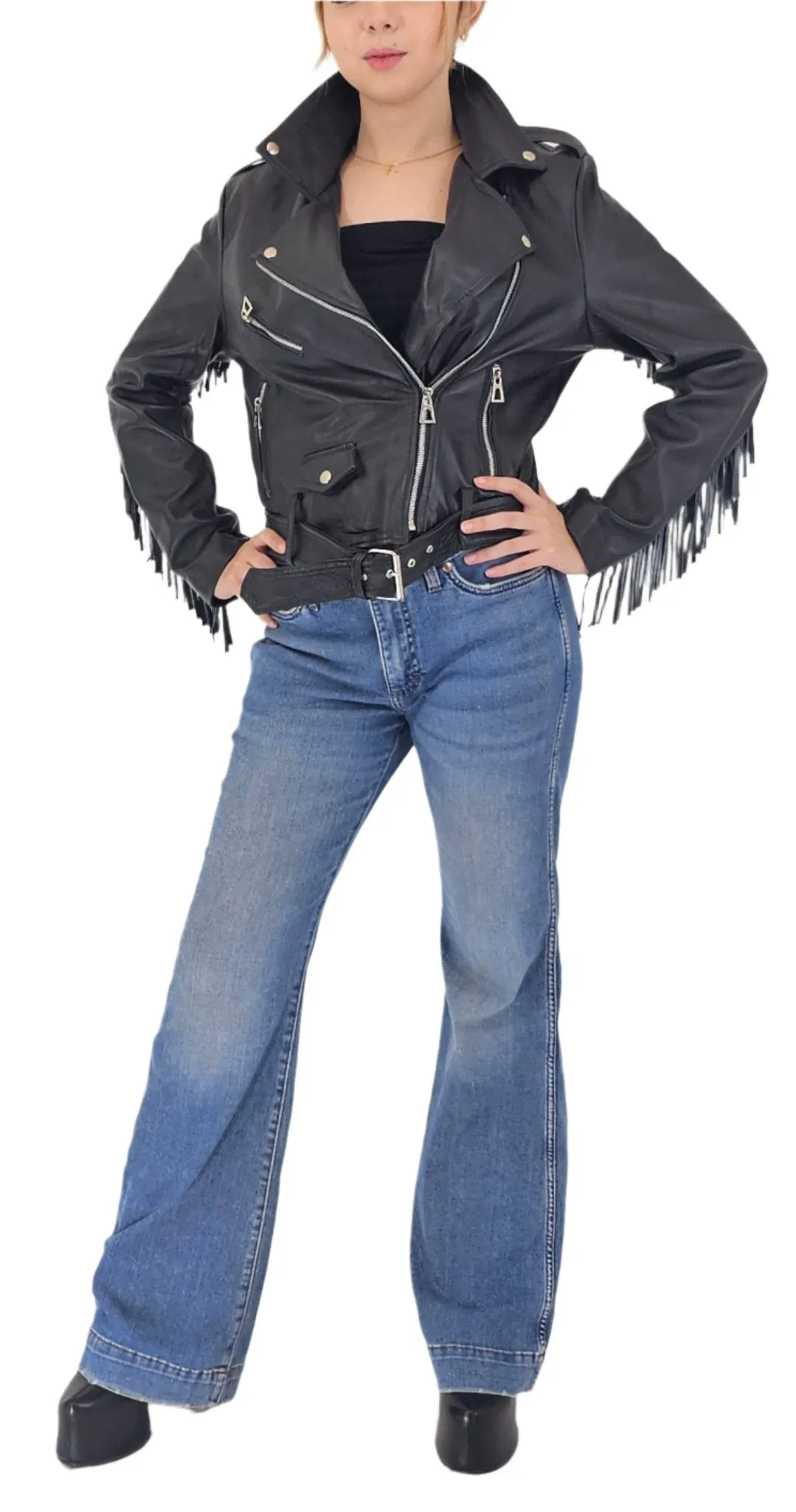 Handcrafted Women's Sheepskin Leather Biker Jacket – Premium Biker Style Black w/Fringes