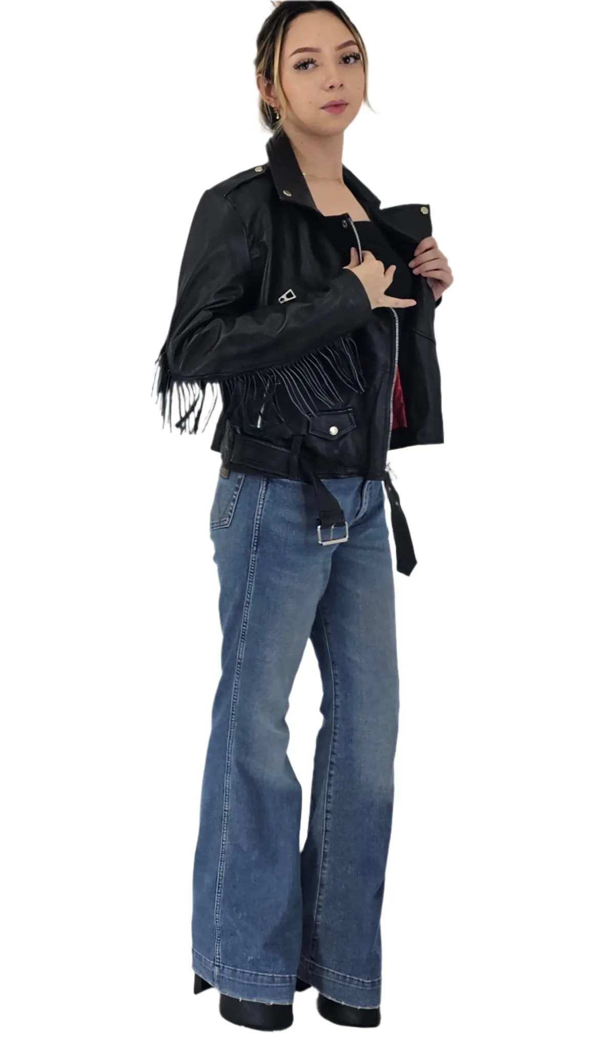 Handcrafted Women's Sheepskin Leather Biker Jacket – Premium Biker Style Black w/Fringes