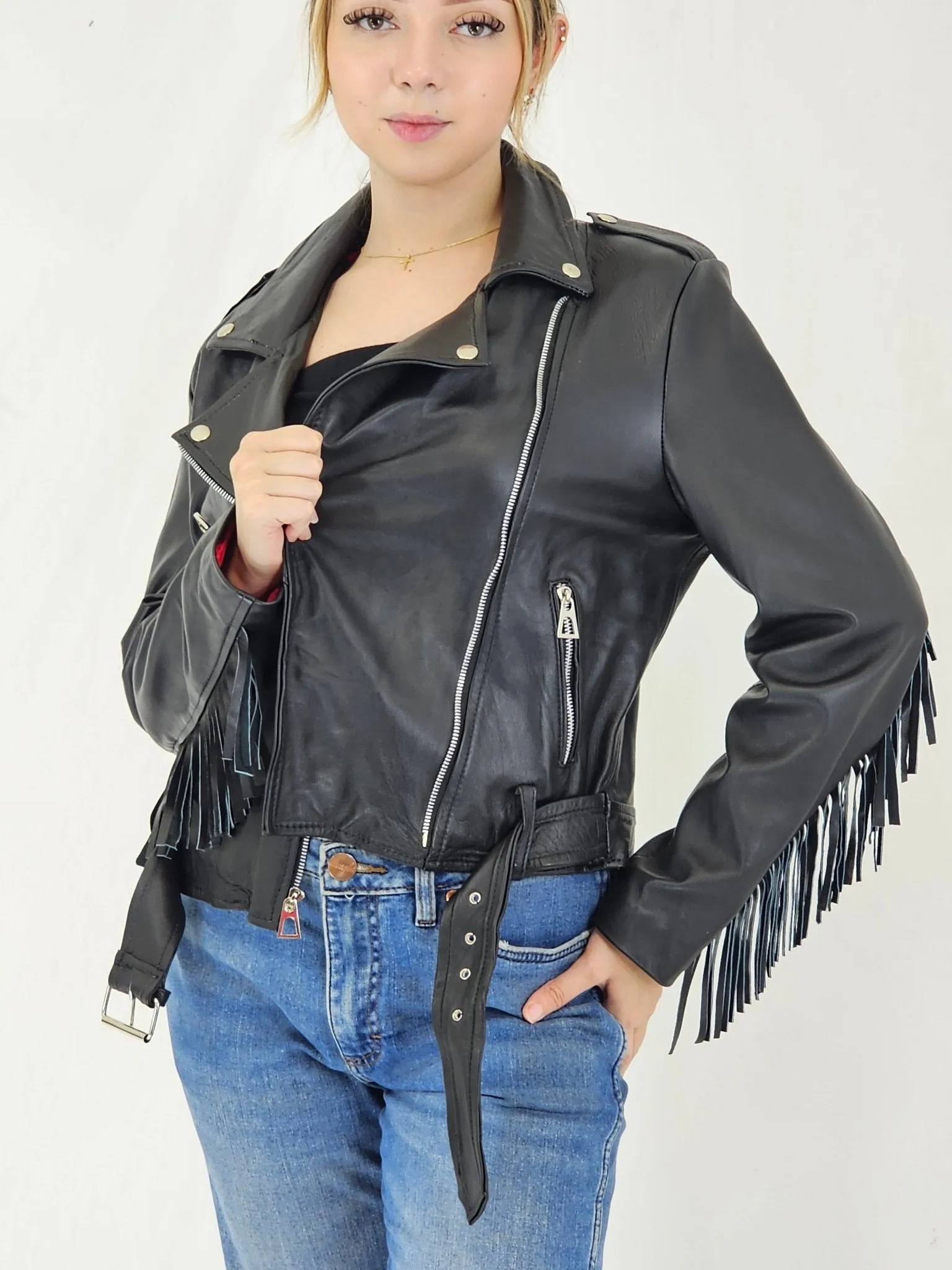 Handcrafted Women's Sheepskin Leather Biker Jacket – Premium Biker Style Black w/Fringes