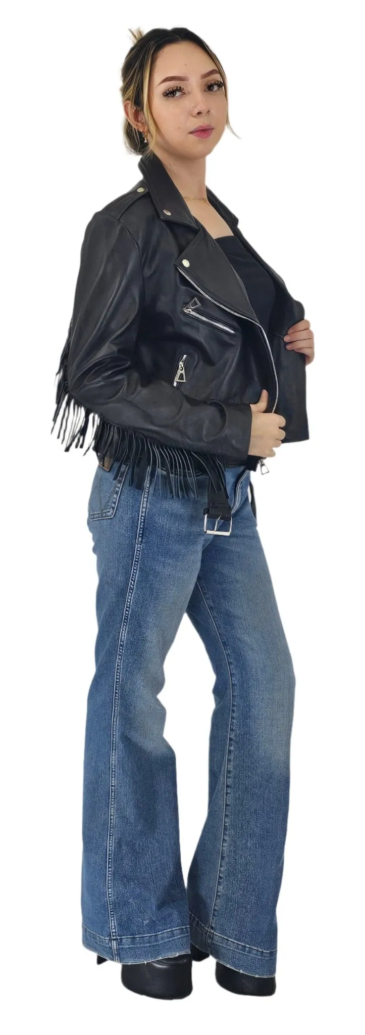 Handcrafted Women's Sheepskin Leather Biker Jacket – Premium Biker Style Black w/Fringes