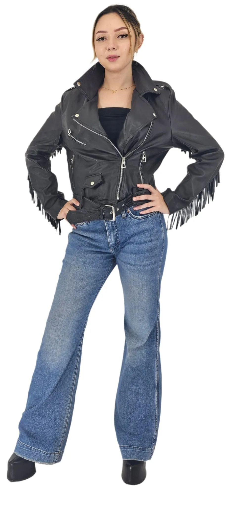 Handcrafted Women's Sheepskin Leather Biker Jacket – Premium Biker Style Black w/Fringes