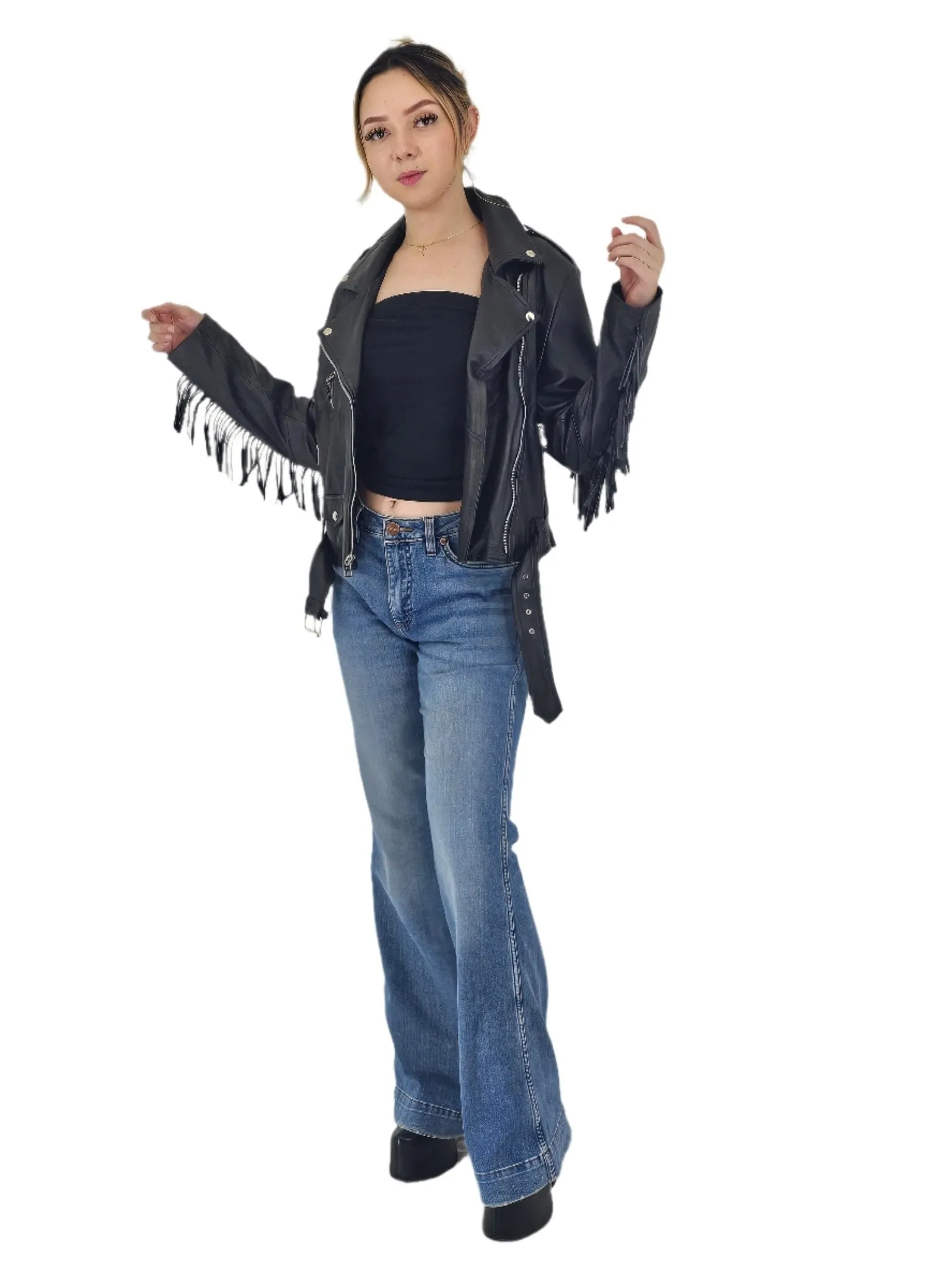 Handcrafted Women's Sheepskin Leather Biker Jacket – Premium Biker Style Black w/Fringes