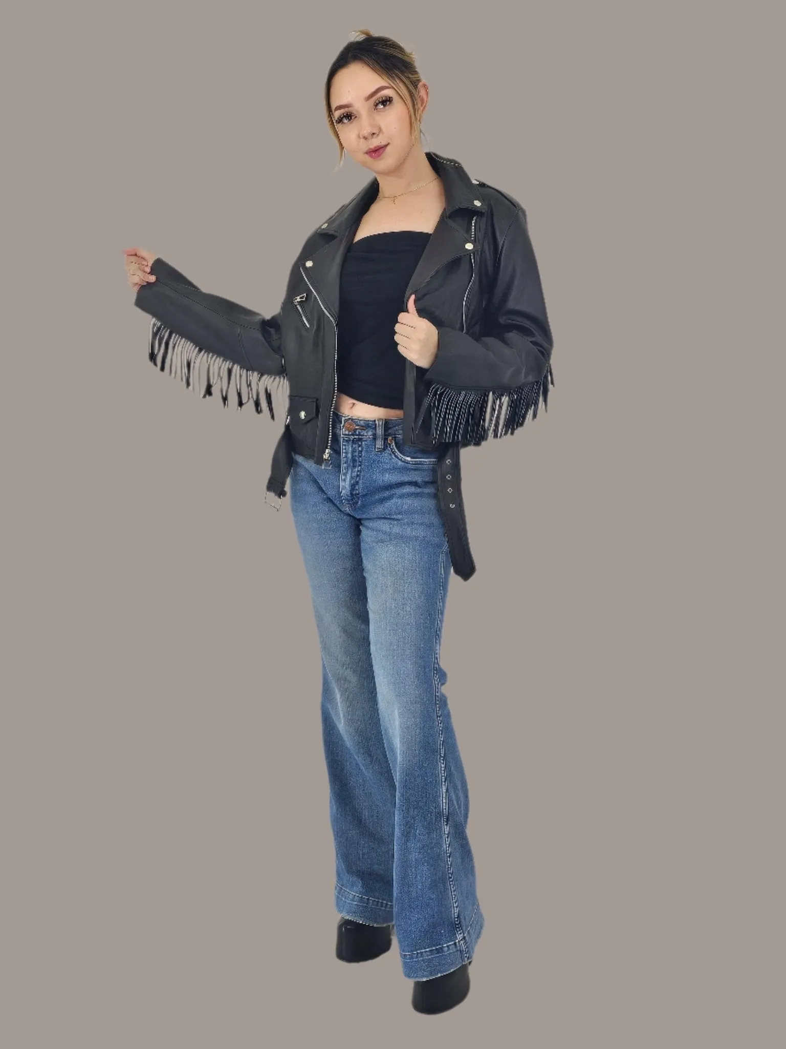 Handcrafted Women's Sheepskin Leather Biker Jacket – Premium Biker Style Black w/Fringes