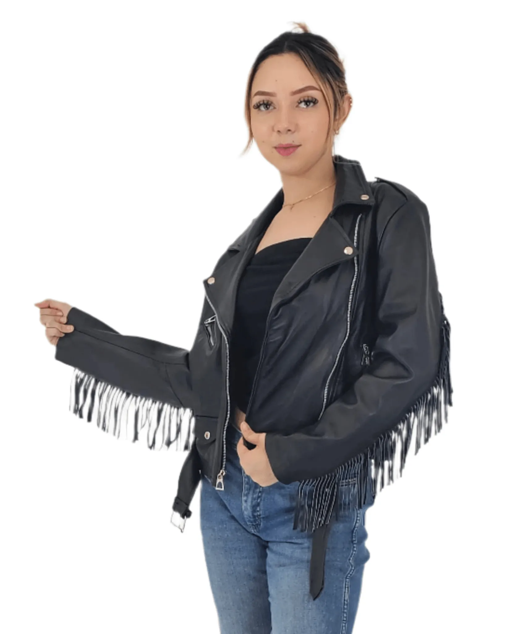 Handcrafted Women's Sheepskin Leather Biker Jacket – Premium Biker Style Black w/Fringes