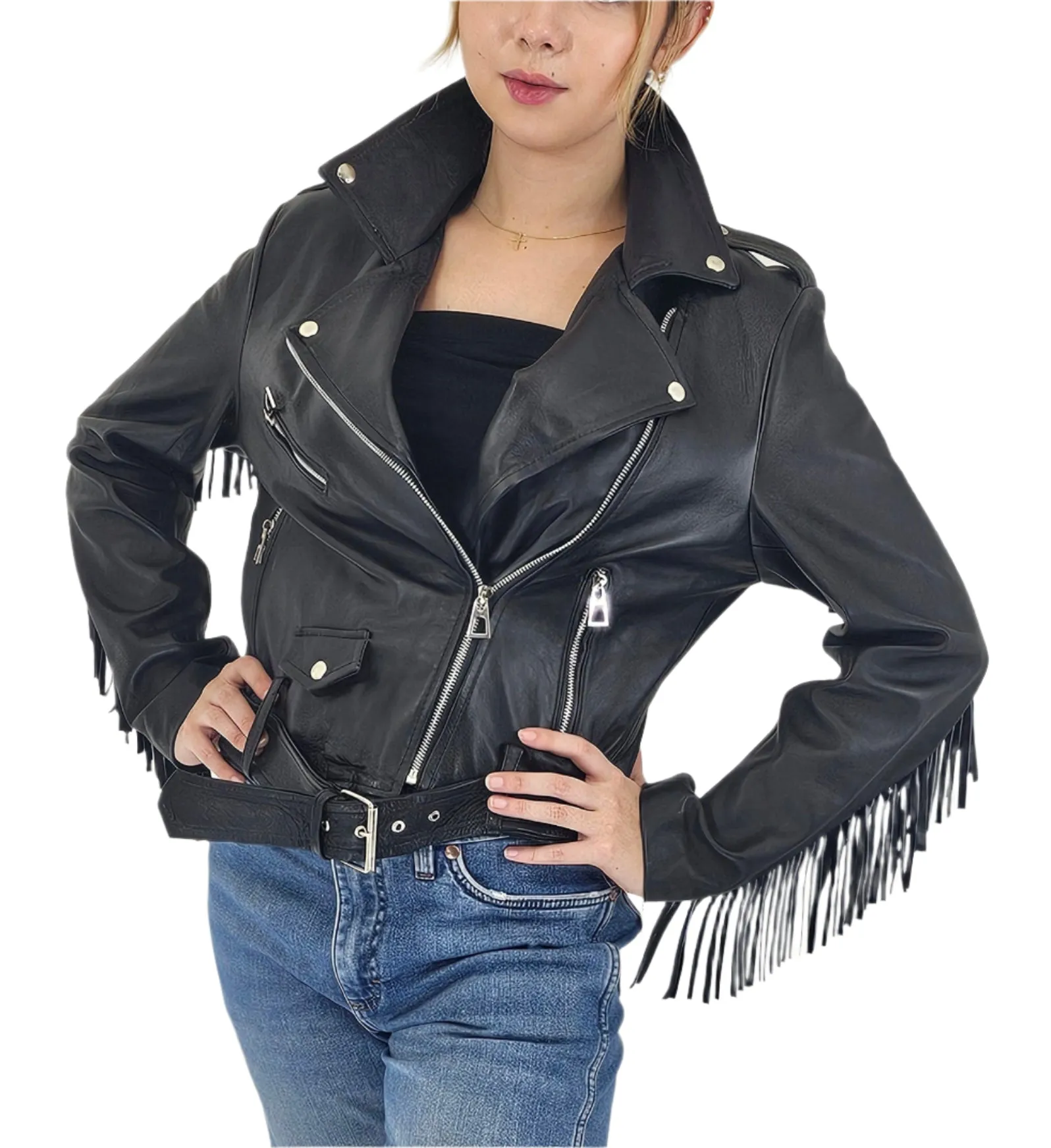 Handcrafted Women's Sheepskin Leather Biker Jacket – Premium Biker Style Black w/Fringes