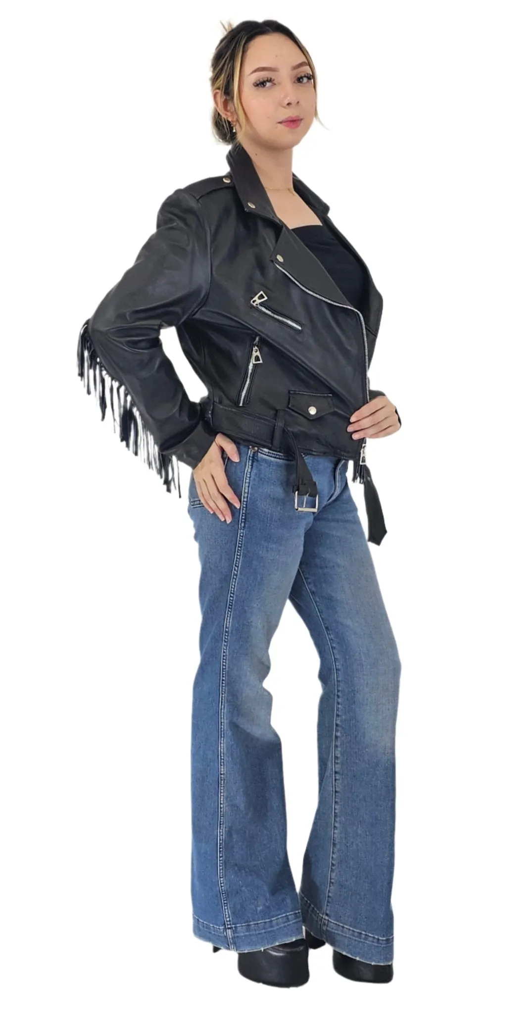 Handcrafted Women's Sheepskin Leather Biker Jacket – Premium Biker Style Black w/Fringes