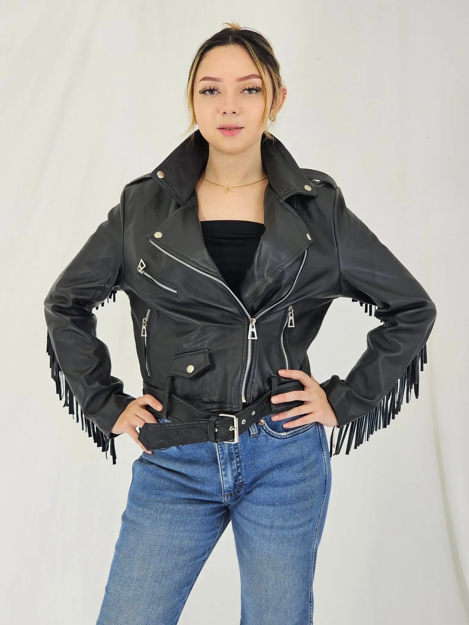 Handcrafted Women's Sheepskin Leather Biker Jacket – Premium Biker Style Black w/Fringes