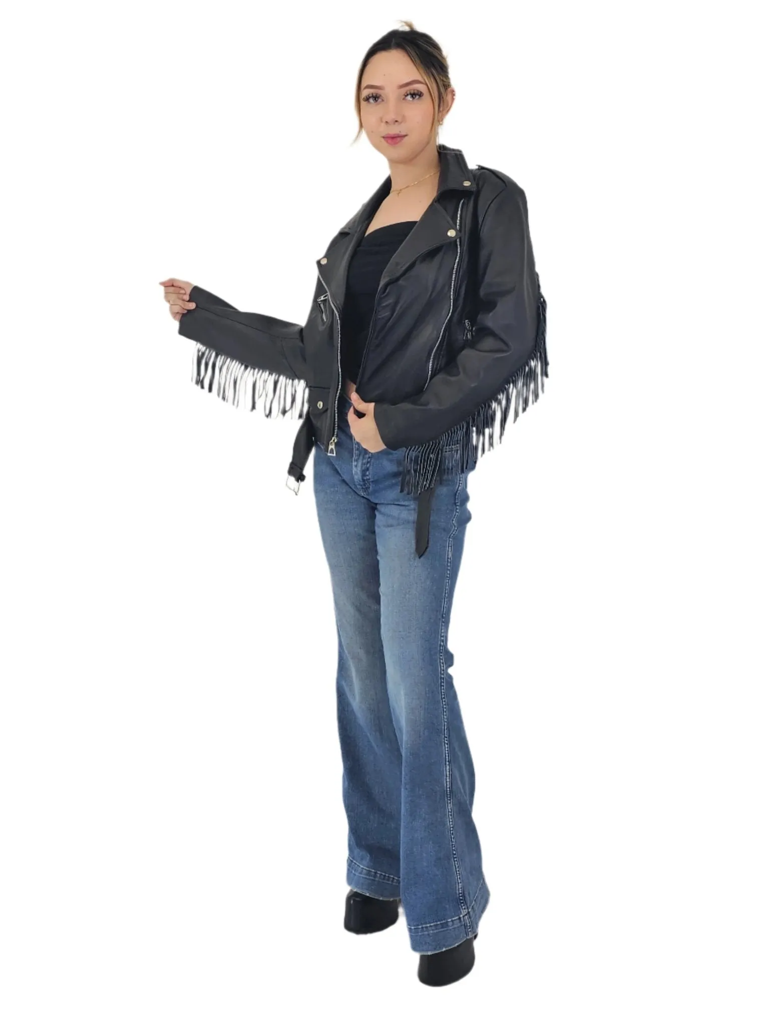 Handcrafted Women's Sheepskin Leather Biker Jacket – Premium Biker Style Black w/Fringes