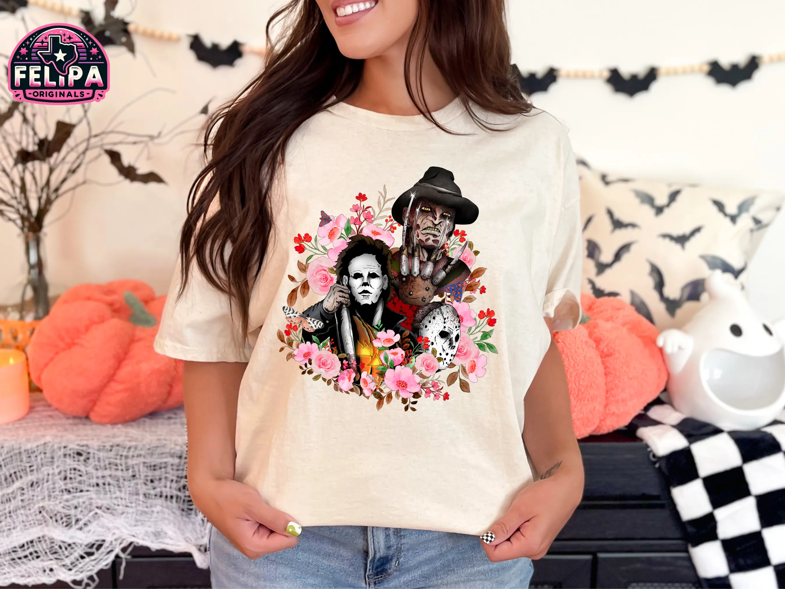 Horror Movie Icons Floral T-Shirt