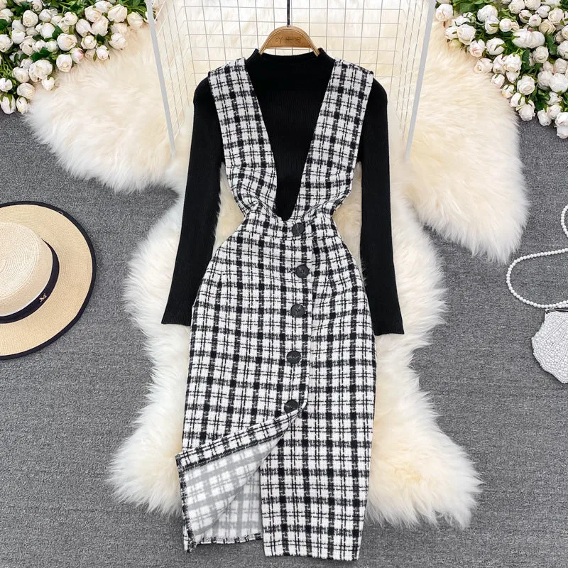 Joskaa Woolen Plaid Suit Skirt Female Strap Dress Two-piece Sweater