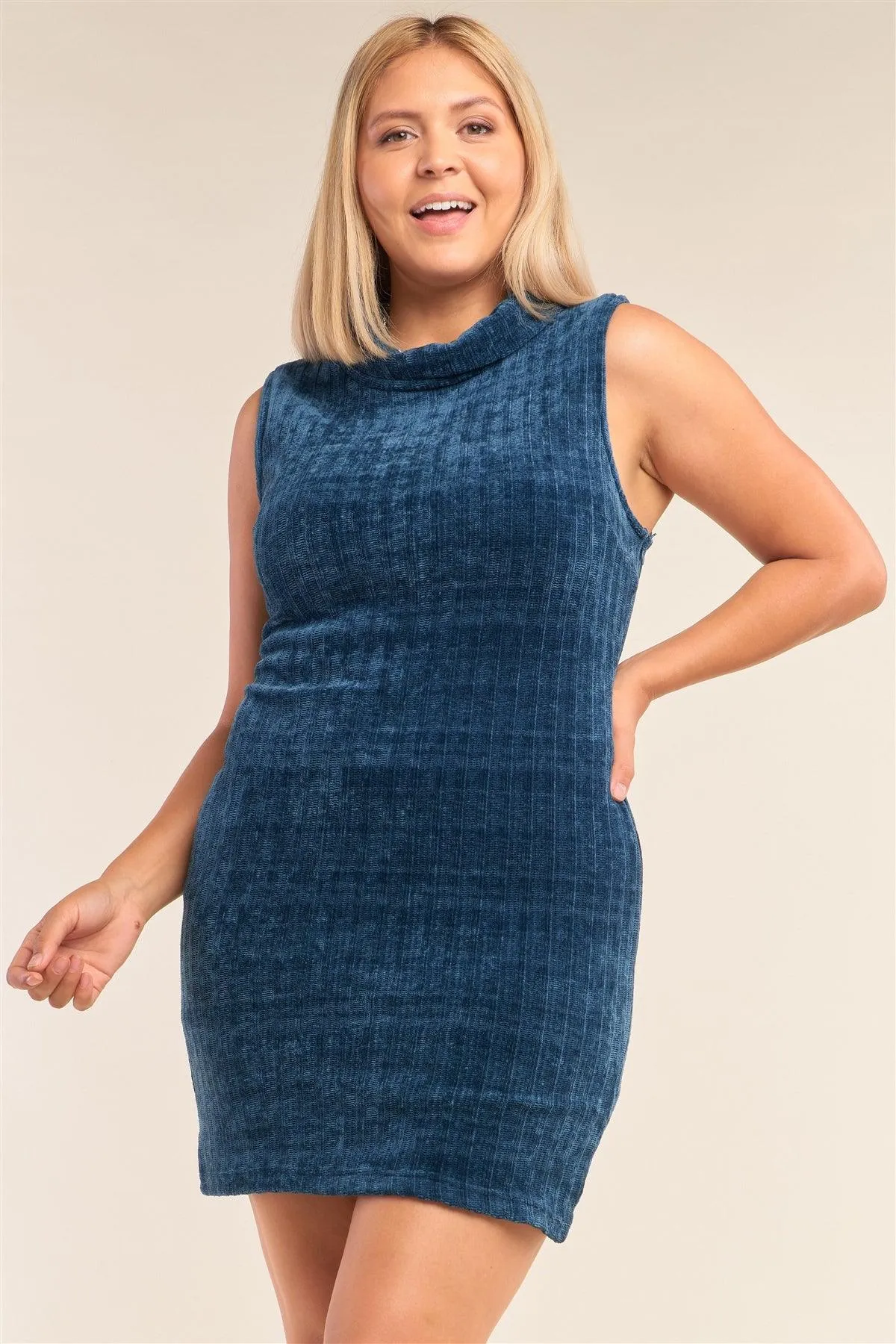 Junior Plus Size Teal Sleeveless Ribbed Knit Semi-Turtleneck Mini Dress /2-2-2