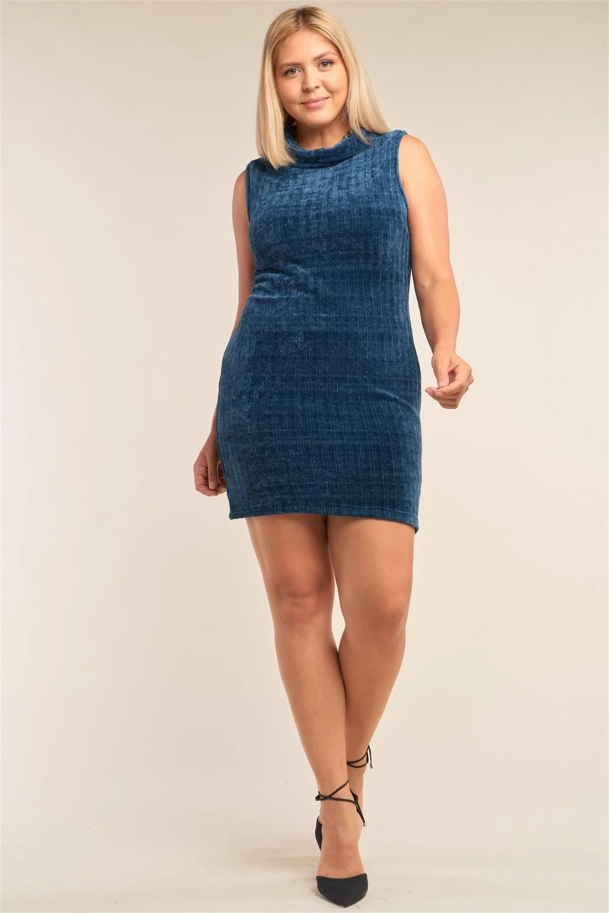 Junior Plus Size Teal Sleeveless Ribbed Knit Semi-Turtleneck Mini Dress /2-2-2