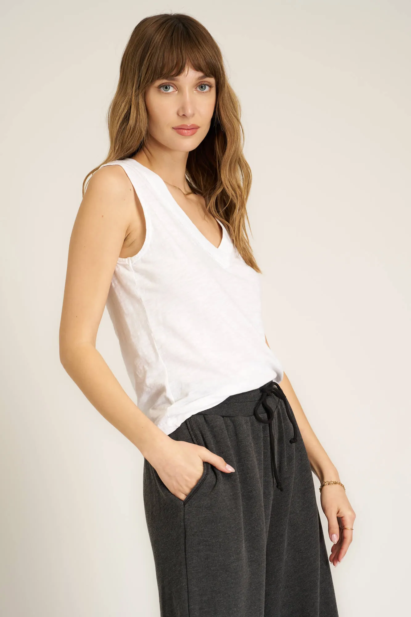 Let Me Know Relaxed Slub V Neck Tank - White