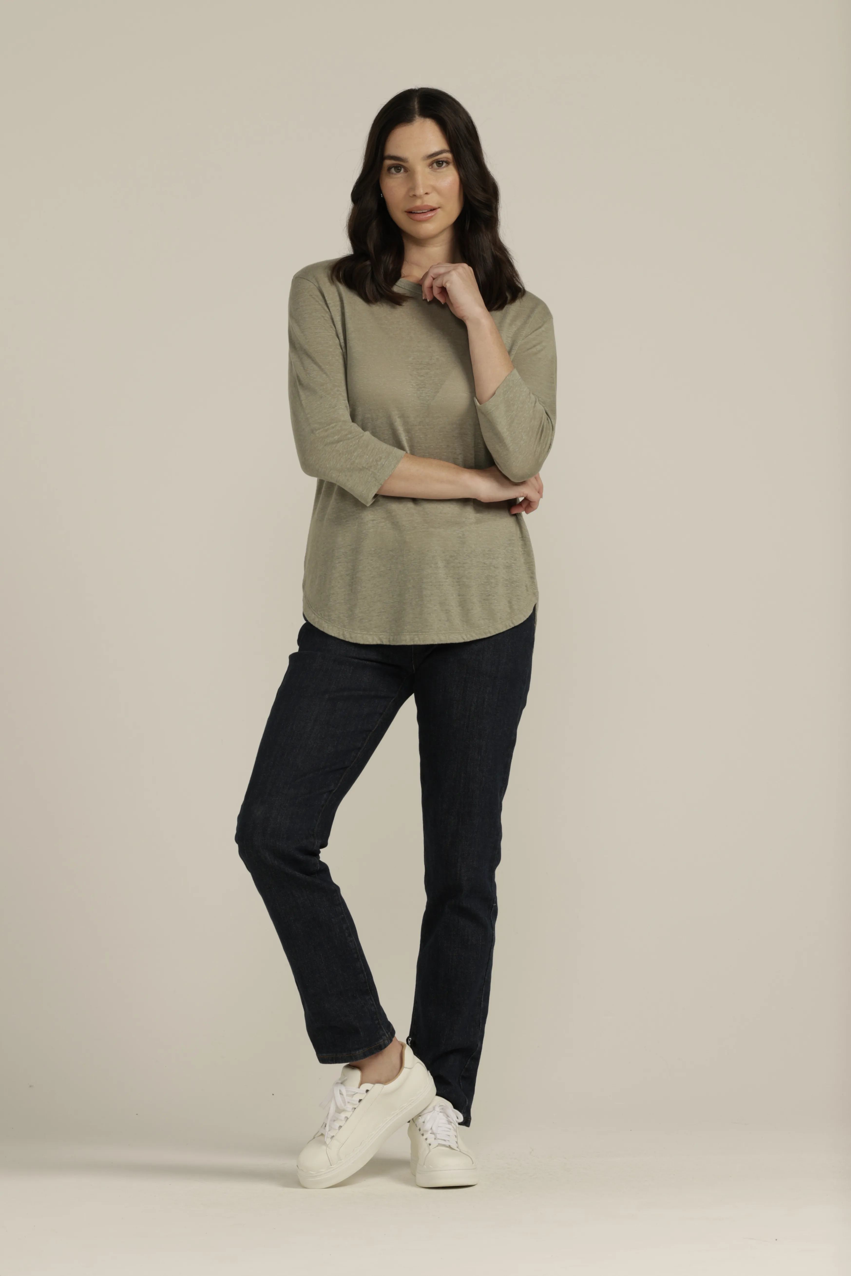 Linen 3/4 Sleeve Crew Neck Tee Khaki Light