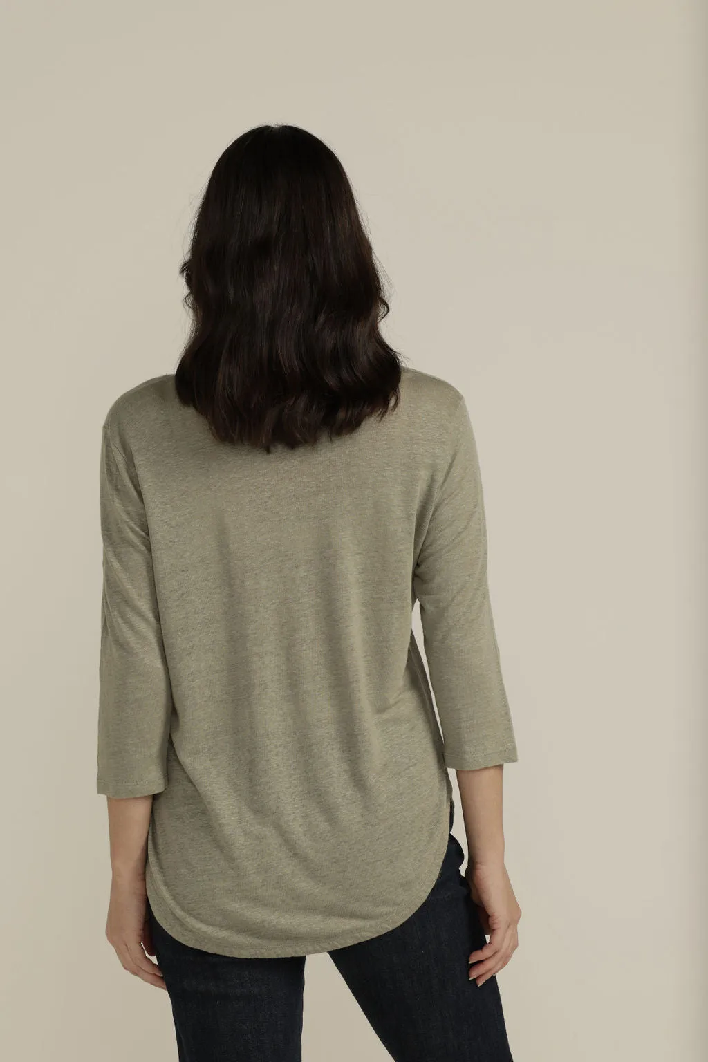 Linen 3/4 Sleeve Crew Neck Tee Khaki Light